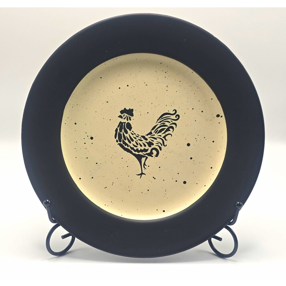 Devon Rooster Hand Painted Ceramic Salad Plate, Round Black Rim, Microwave Safe